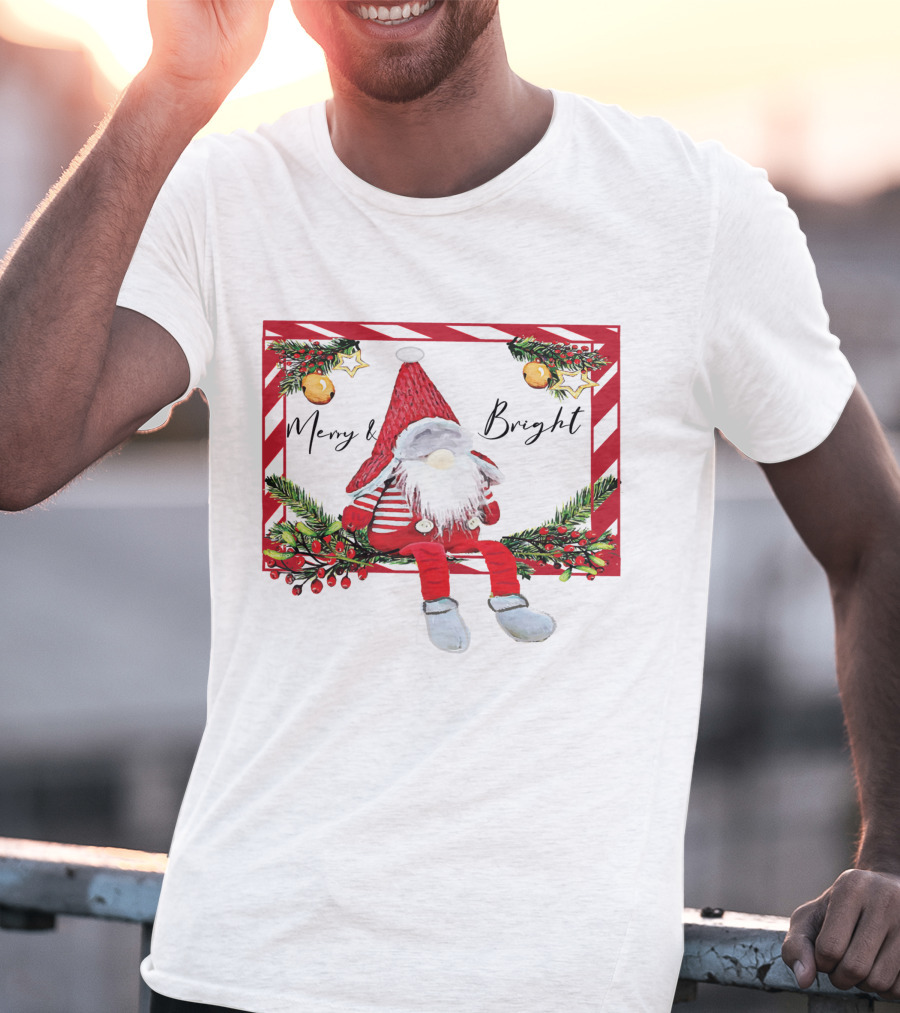 Merry And Bright Gnome Candy Cane Christmas Holiday T-Shirt
