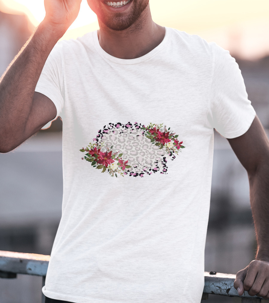 Leopard Print With Floral Poinsettia Border T-Shirt