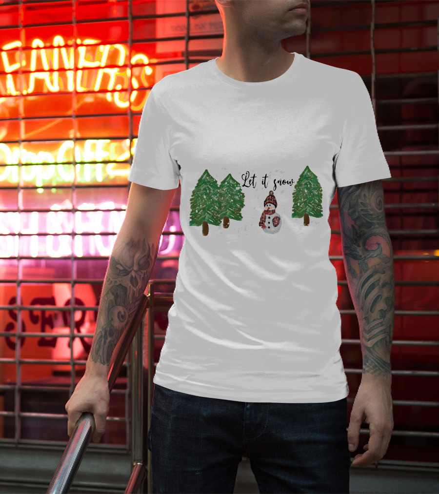 Let It Snow Watercolor Snowman And Pine Trees T-Shirt