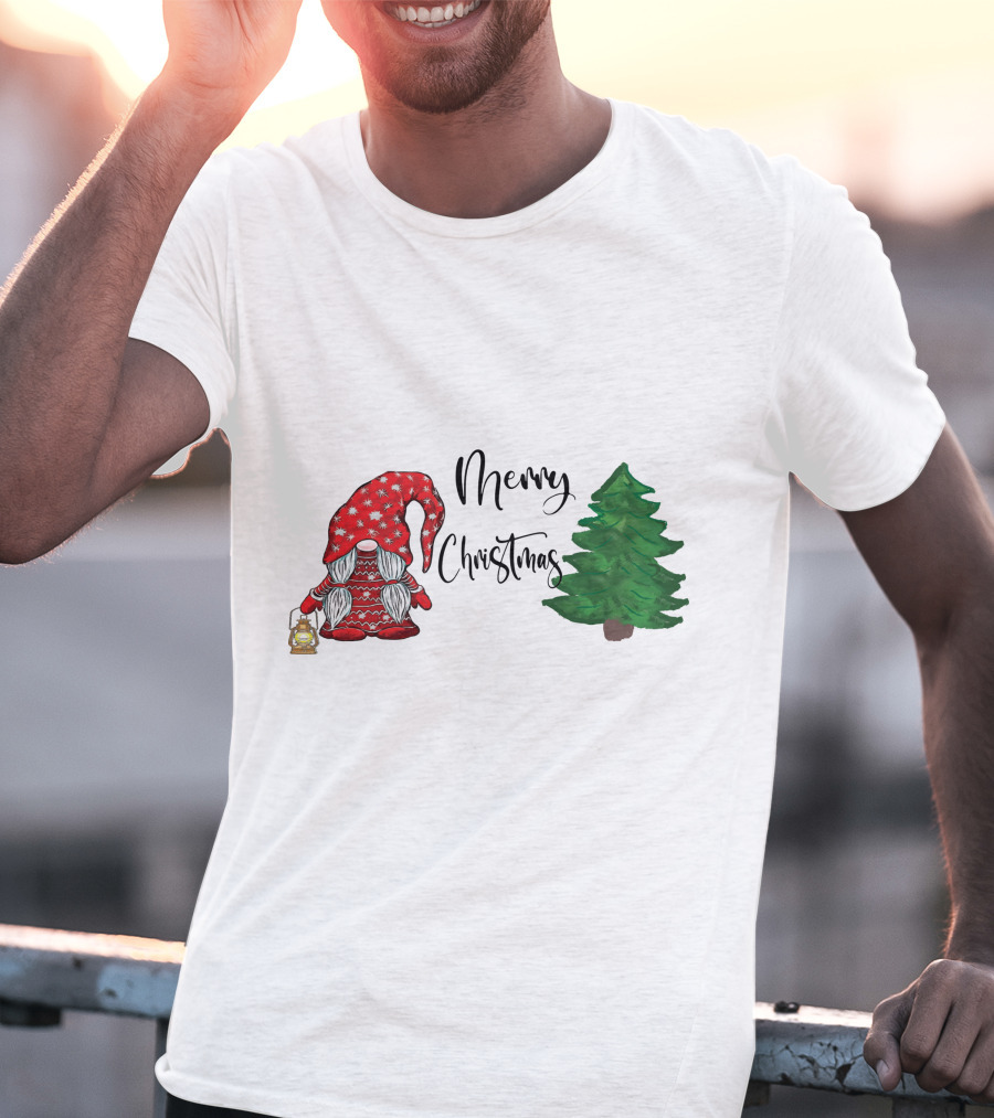 Merry Christmas Gnome With Lantern And Pine Tree T-Shirt
