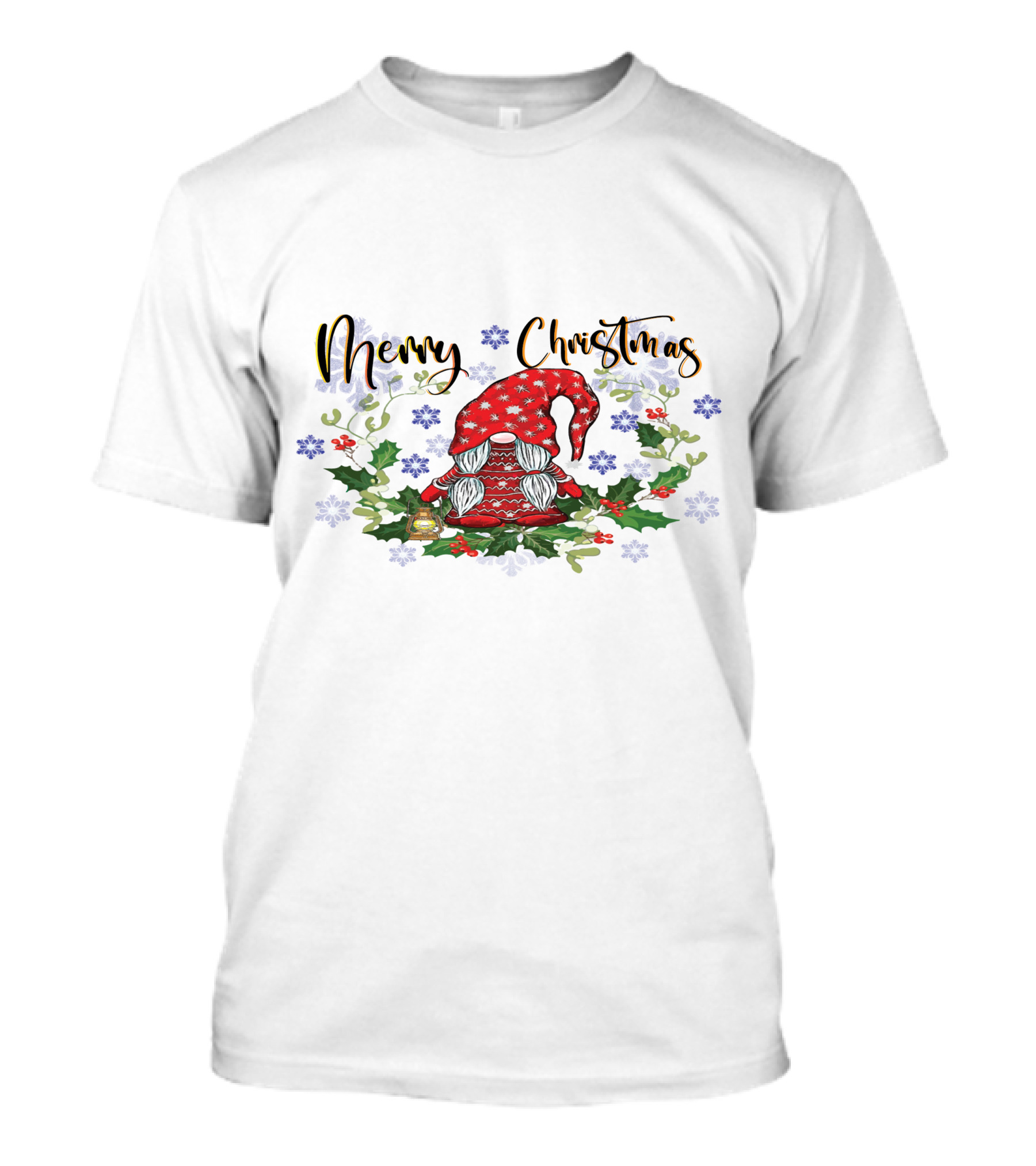 Merry Christmas Gnome With Snowflakes Holly And Lantern T-Shirt
