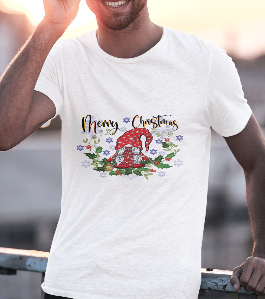 Merry Christmas Gnome With Snowflakes Holly And Lantern T-Shirt