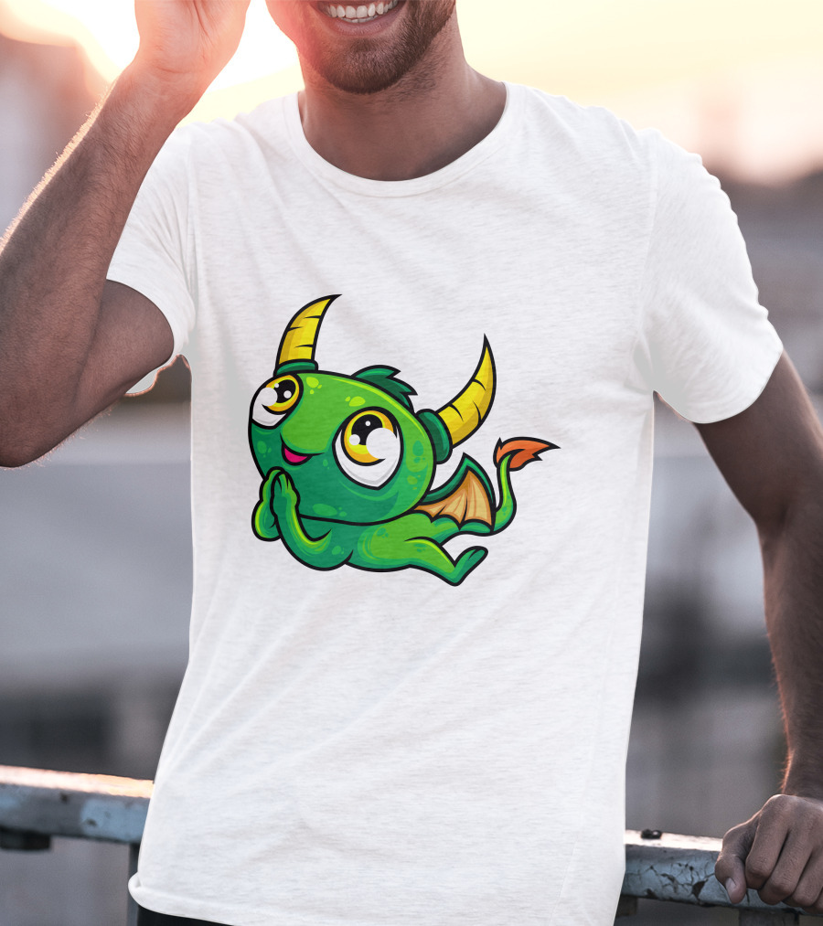 Cute Green Dragon Kawaii Cartoon Character With Horns And Wings T-Shirt