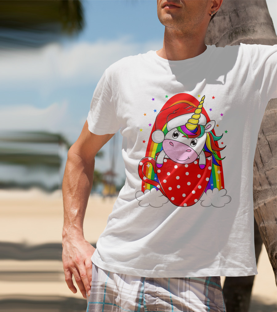 Unicorn In Santa Hat With Rainbow And Red Polka Dot Cup T-Shirt