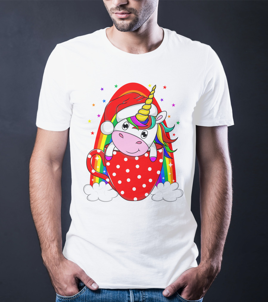 Unicorn In Santa Hat With Rainbow And Red Polka Dot Cup T-Shirt