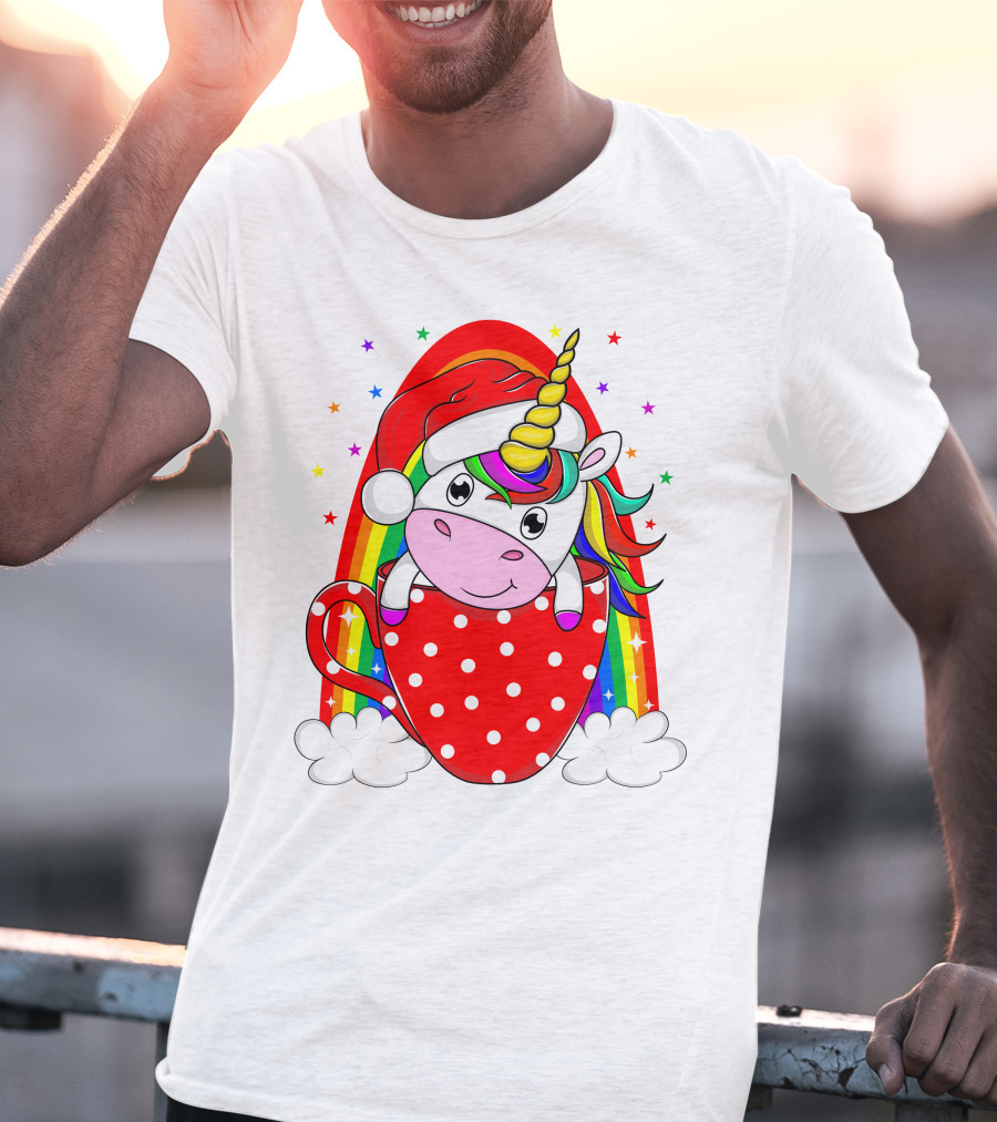 Unicorn In Santa Hat With Rainbow And Red Polka Dot Cup T-Shirt