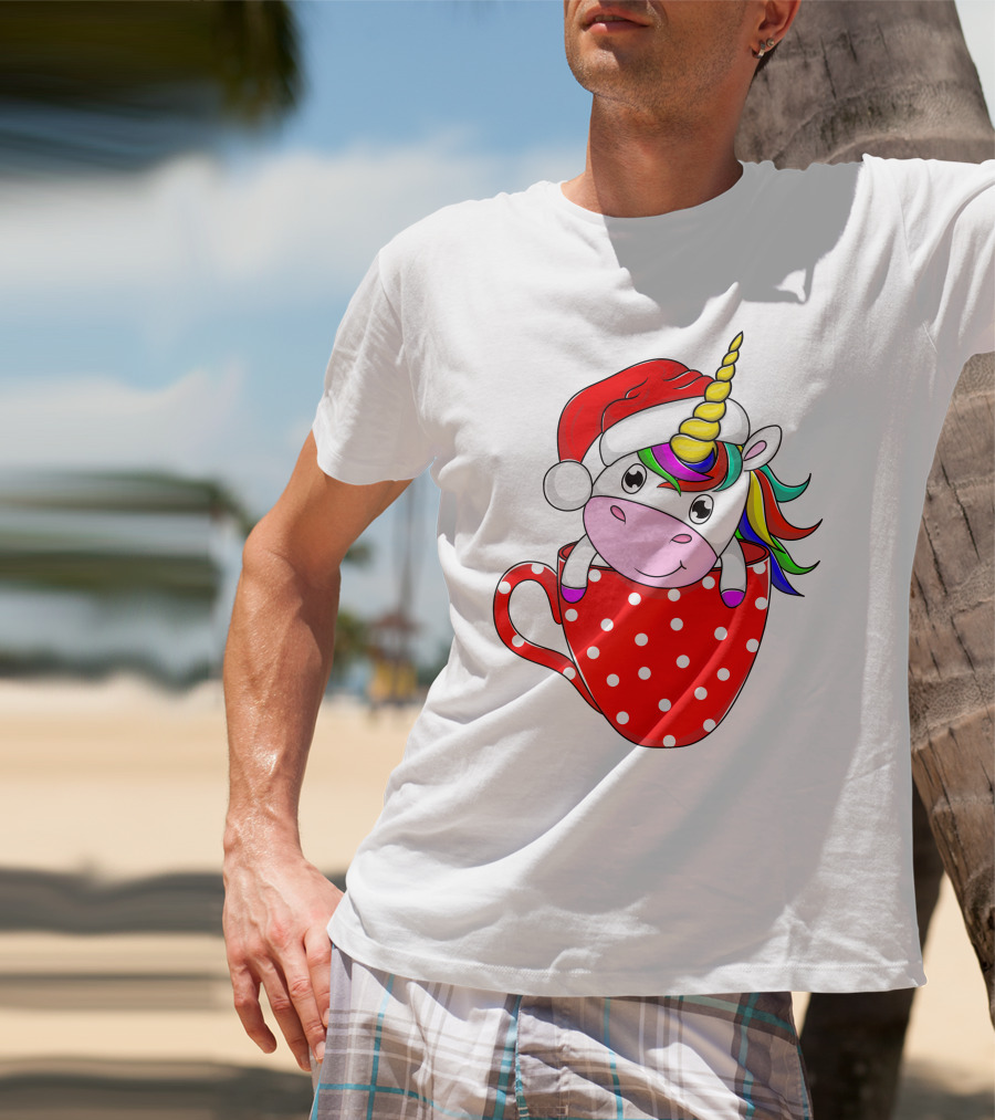 Santa Hat Unicorn In Polka Dot Red Cup T-Shirt