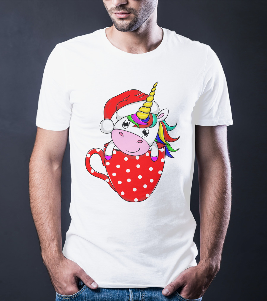 Santa Hat Unicorn In Polka Dot Red Cup T-Shirt