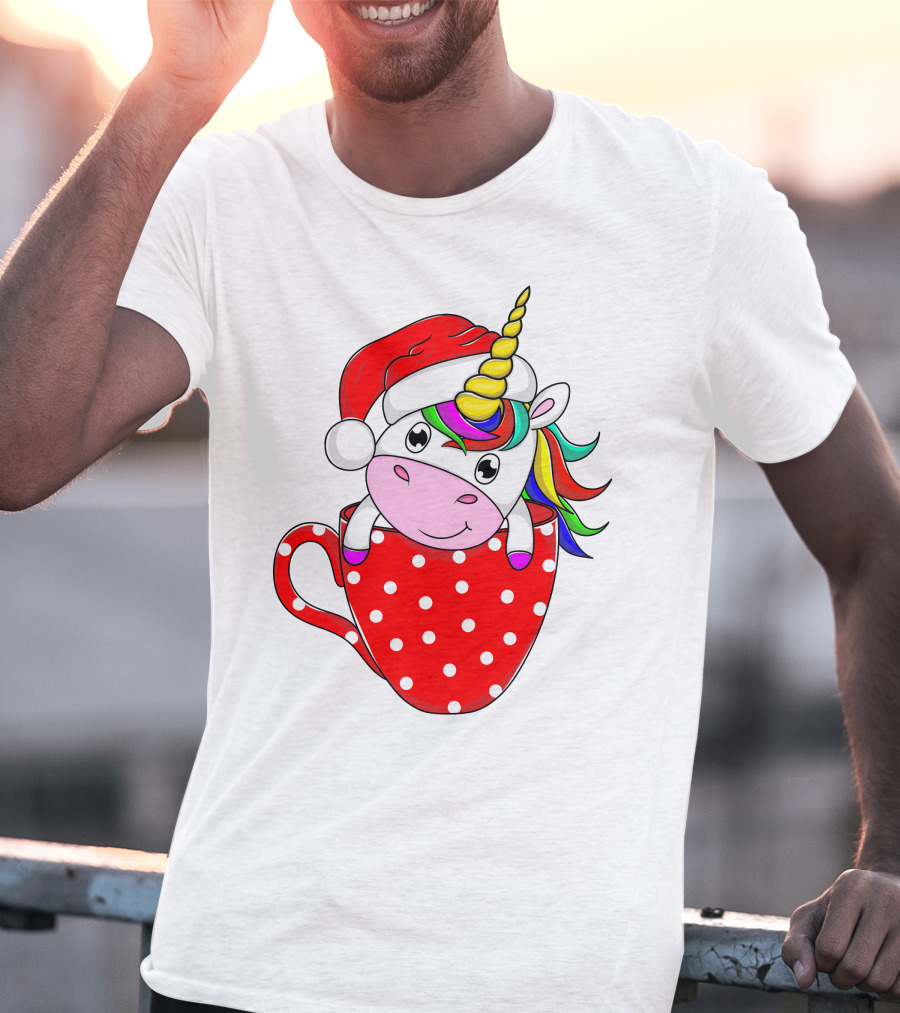 Santa Hat Unicorn In Polka Dot Red Cup T-Shirt