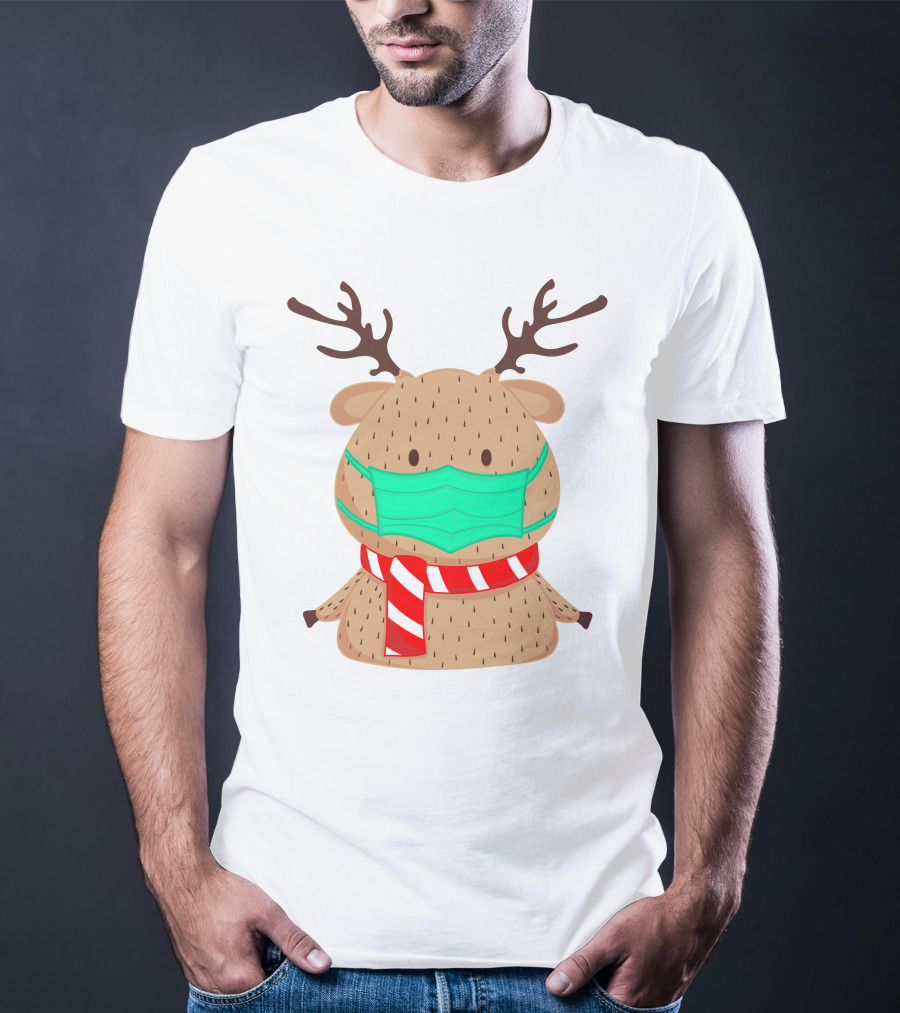 Reindeer Wearing Green Face Mask And Red White Scarf T-Shirt
