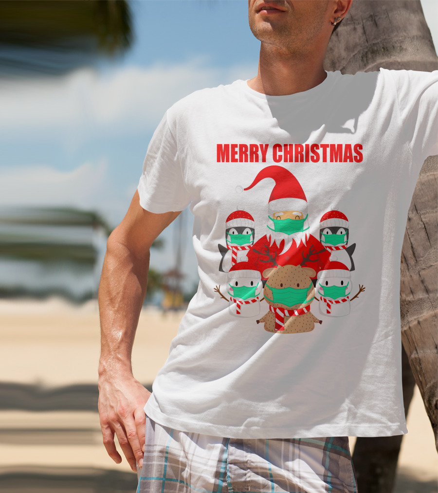Merry Christmas Santa Deer Penguin Social Distance T-Shirt