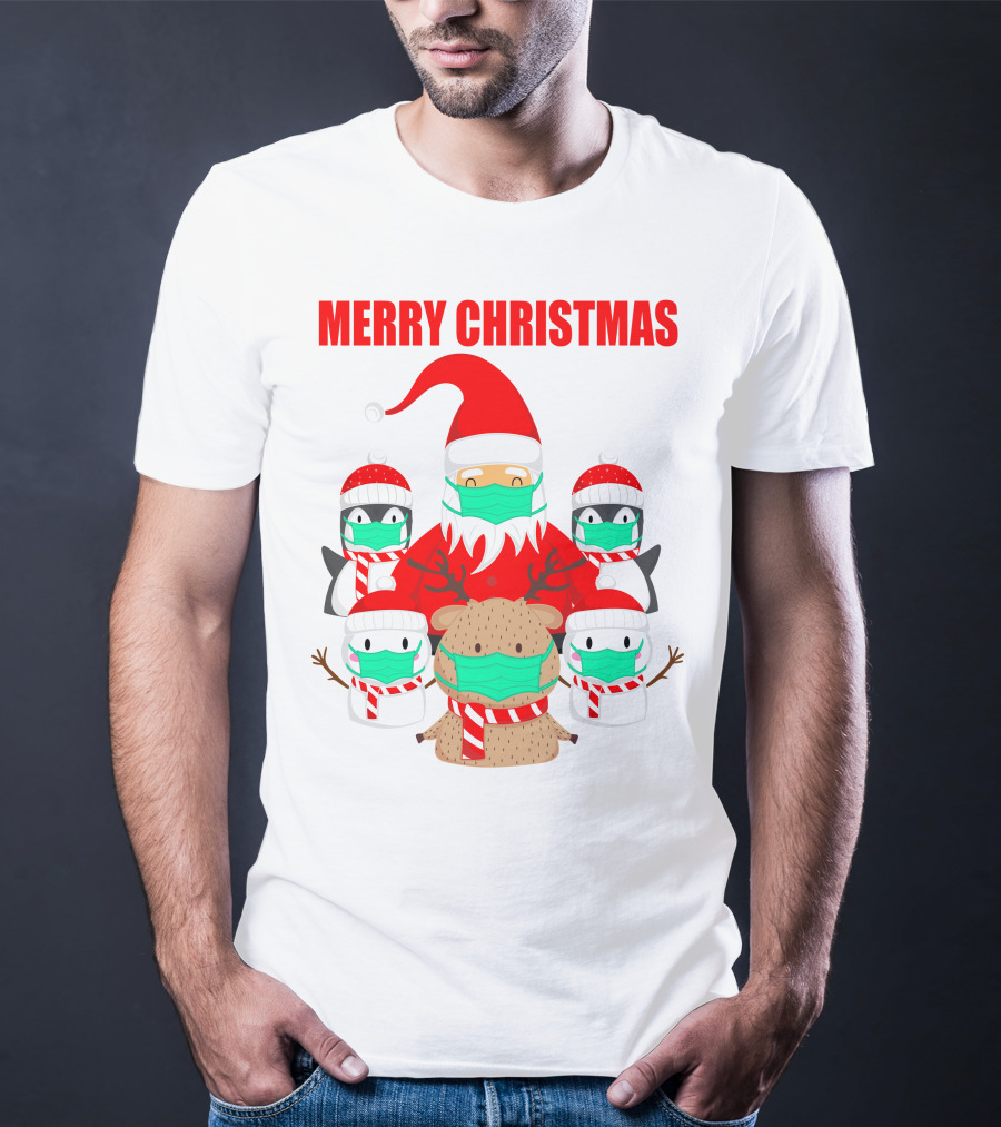 Merry Christmas Santa Deer Penguin Social Distance T-Shirt