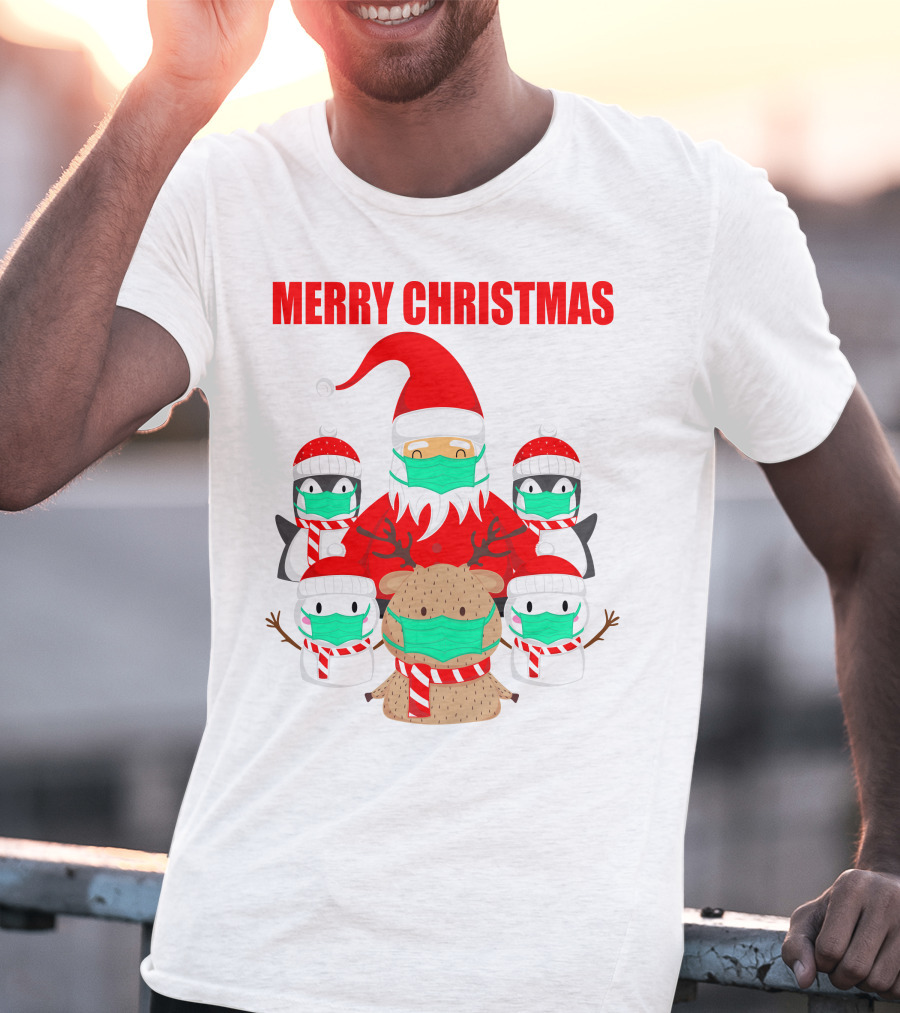 Merry Christmas Santa Deer Penguin Social Distance T-Shirt