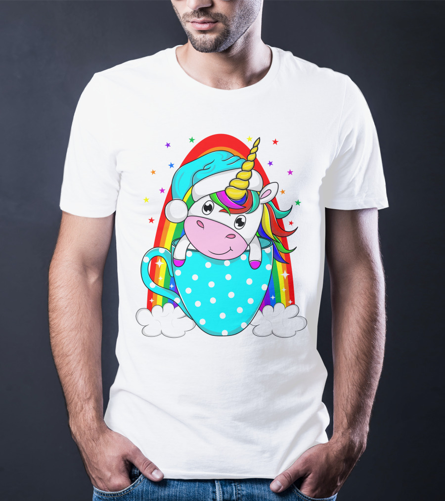 Unicorn In Polka Dot Blue Cup With Rainbow And Stars T-Shirt