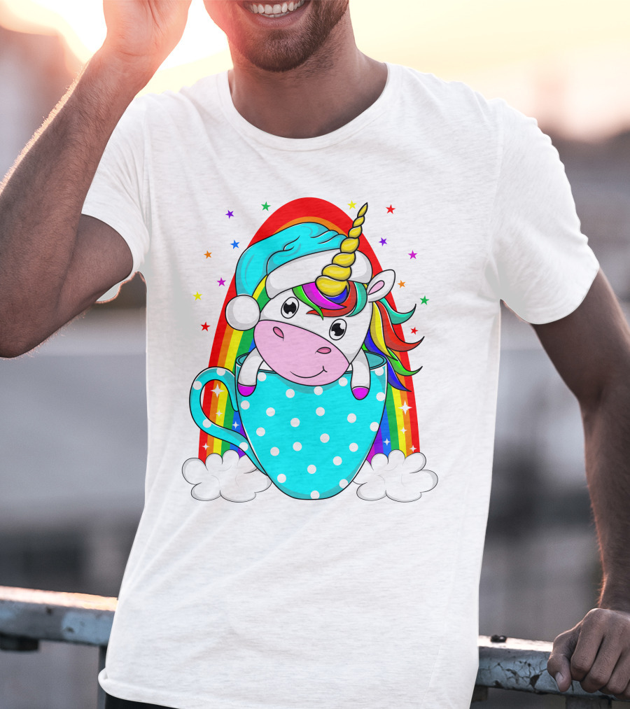 Unicorn In Polka Dot Blue Cup With Rainbow And Stars T-Shirt