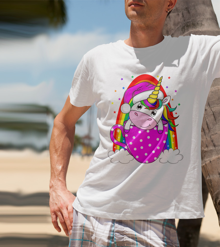 Unicorn Rainbow Santa In Pink Polka Dot Cup T-Shirt