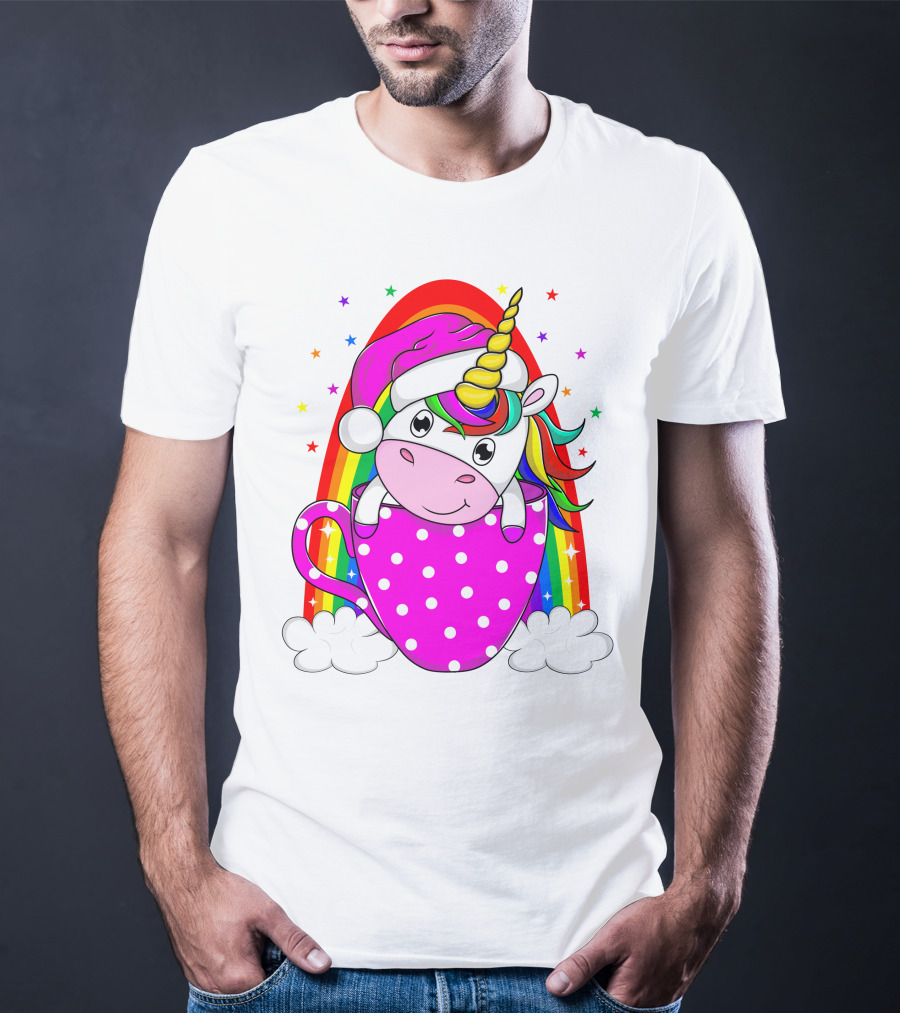 Unicorn Rainbow Santa In Pink Polka Dot Cup T-Shirt