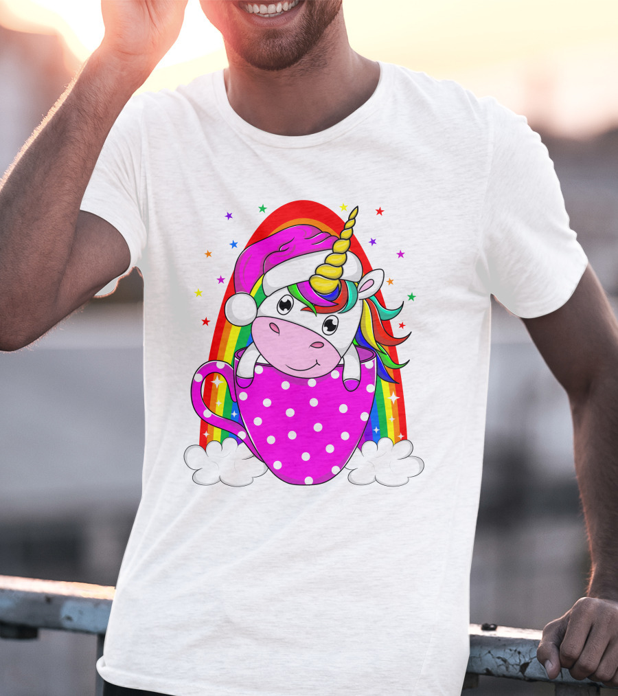 Unicorn Rainbow Santa In Pink Polka Dot Cup T-Shirt