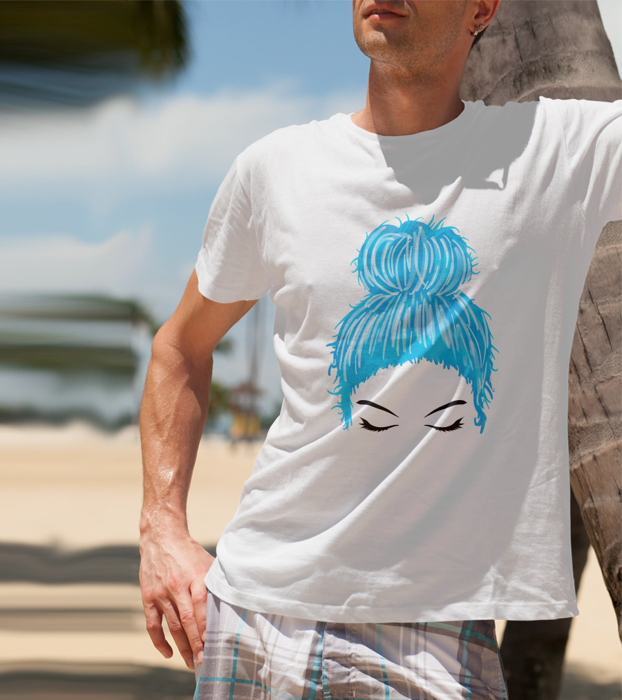 Messy Bun Blue Hair Momlife Trendy Hairstyle Sketch T-Shirt