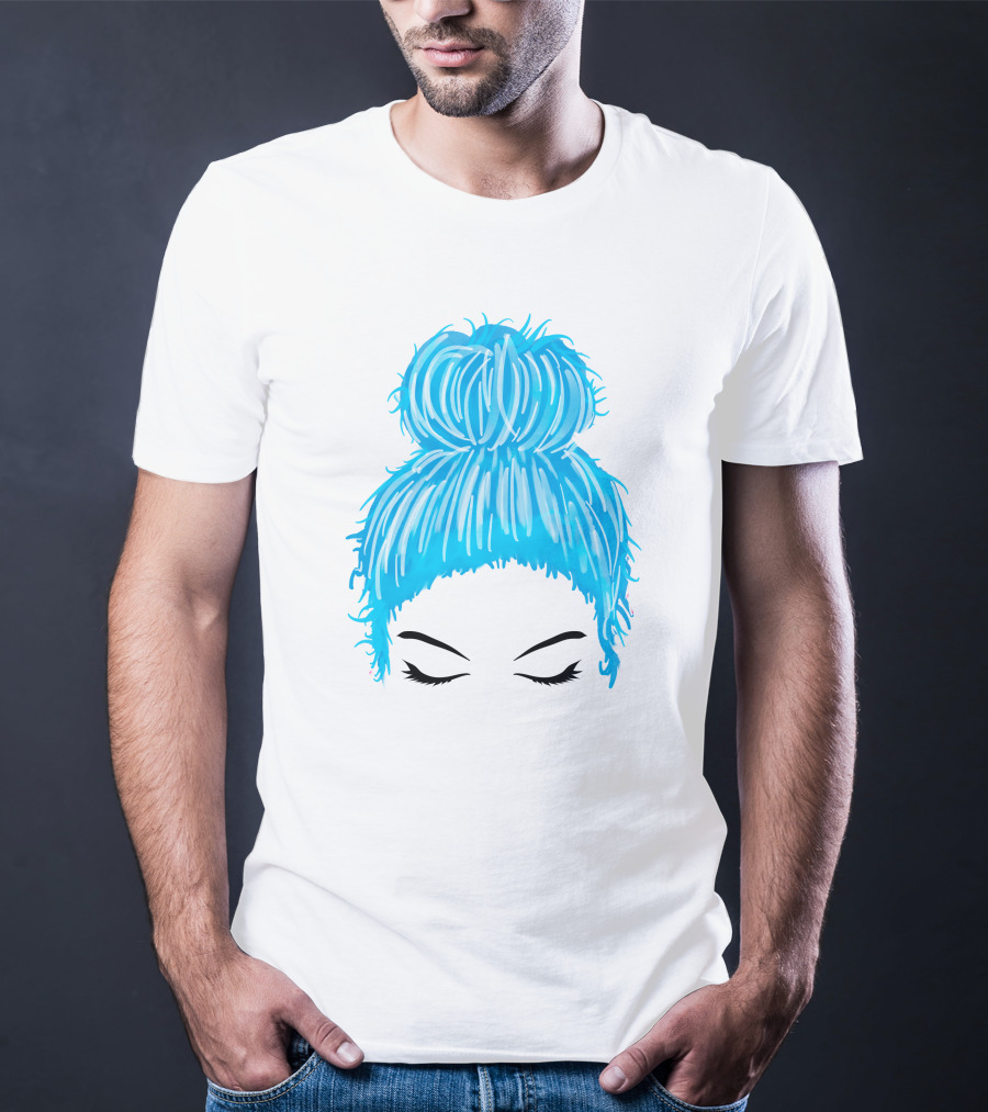 Messy Bun Blue Hair Momlife Trendy Hairstyle Sketch T-Shirt