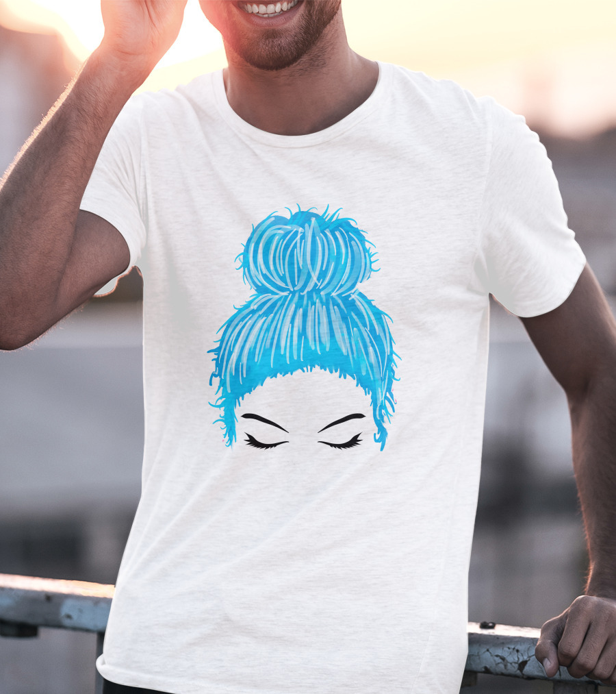 Messy Bun Blue Hair Momlife Trendy Hairstyle Sketch T-Shirt