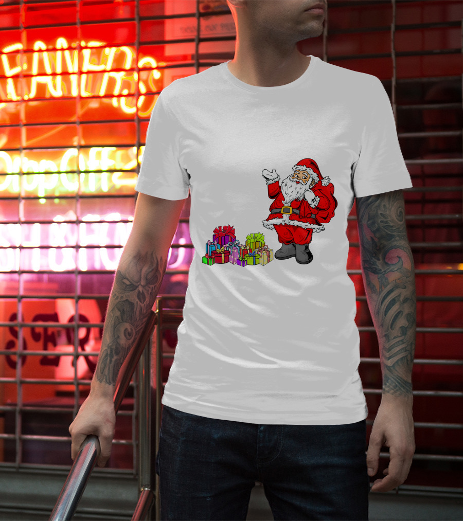 Santa Claus Joyfully Delivering Colorful Presents T-Shirt