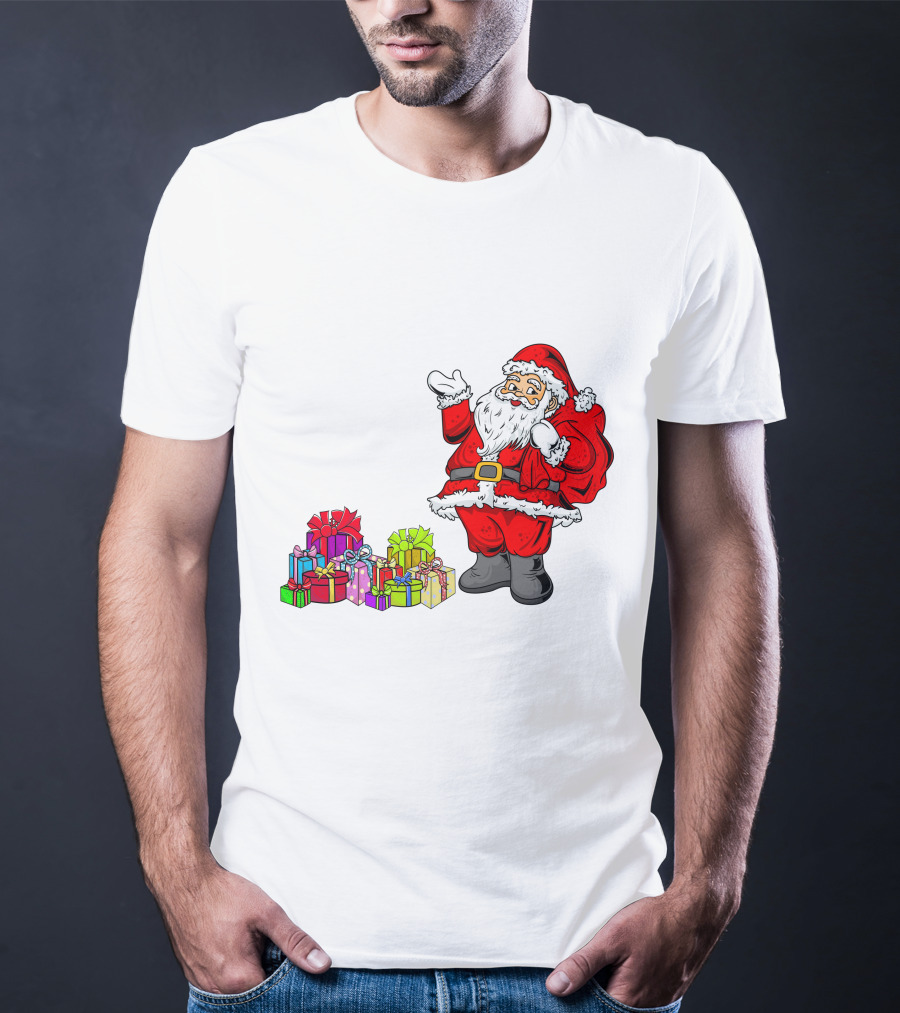 Santa Claus Joyfully Delivering Colorful Presents T-Shirt