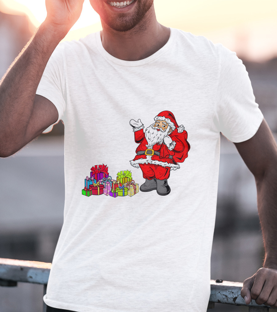Santa Claus Joyfully Delivering Colorful Presents T-Shirt