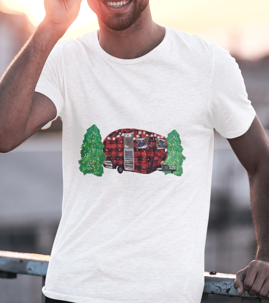 Watercolor Christmas Buffalo Plaid Camper With Trees T-Shirt