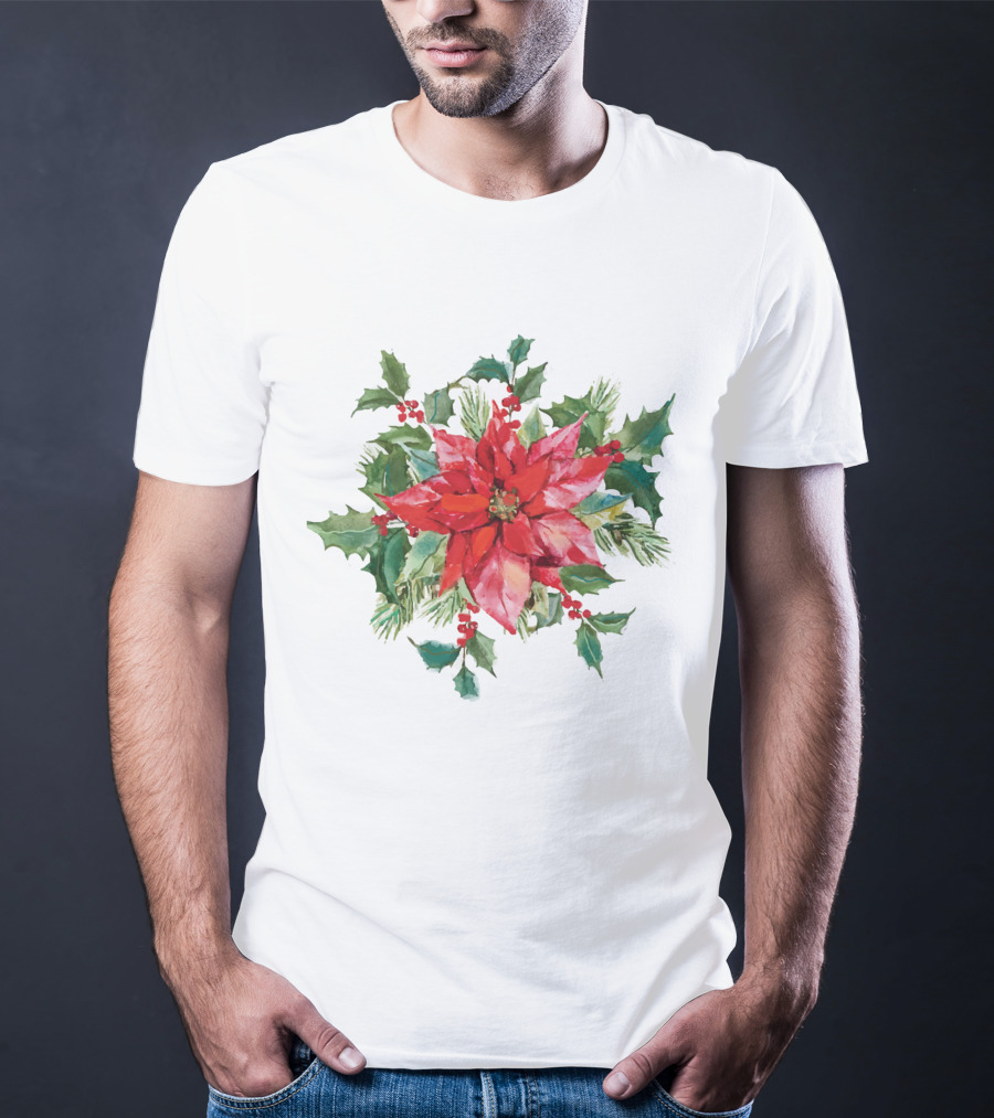 Watercolor Christmas Poinsettia With Holly Leaves And Berries T-Shirt