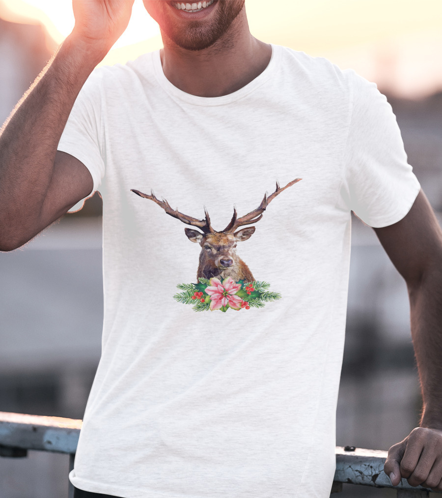 Watercolor Christmas Reindeer With Poinsettia And Pine Branches T-Shirt