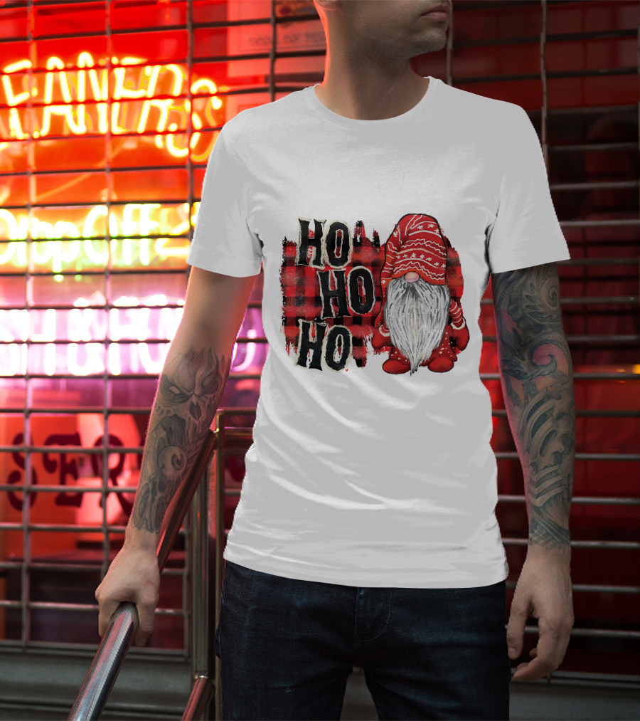Watercolor Plaid Christmas Gnome Ho Ho Ho Red Holiday T-Shirt