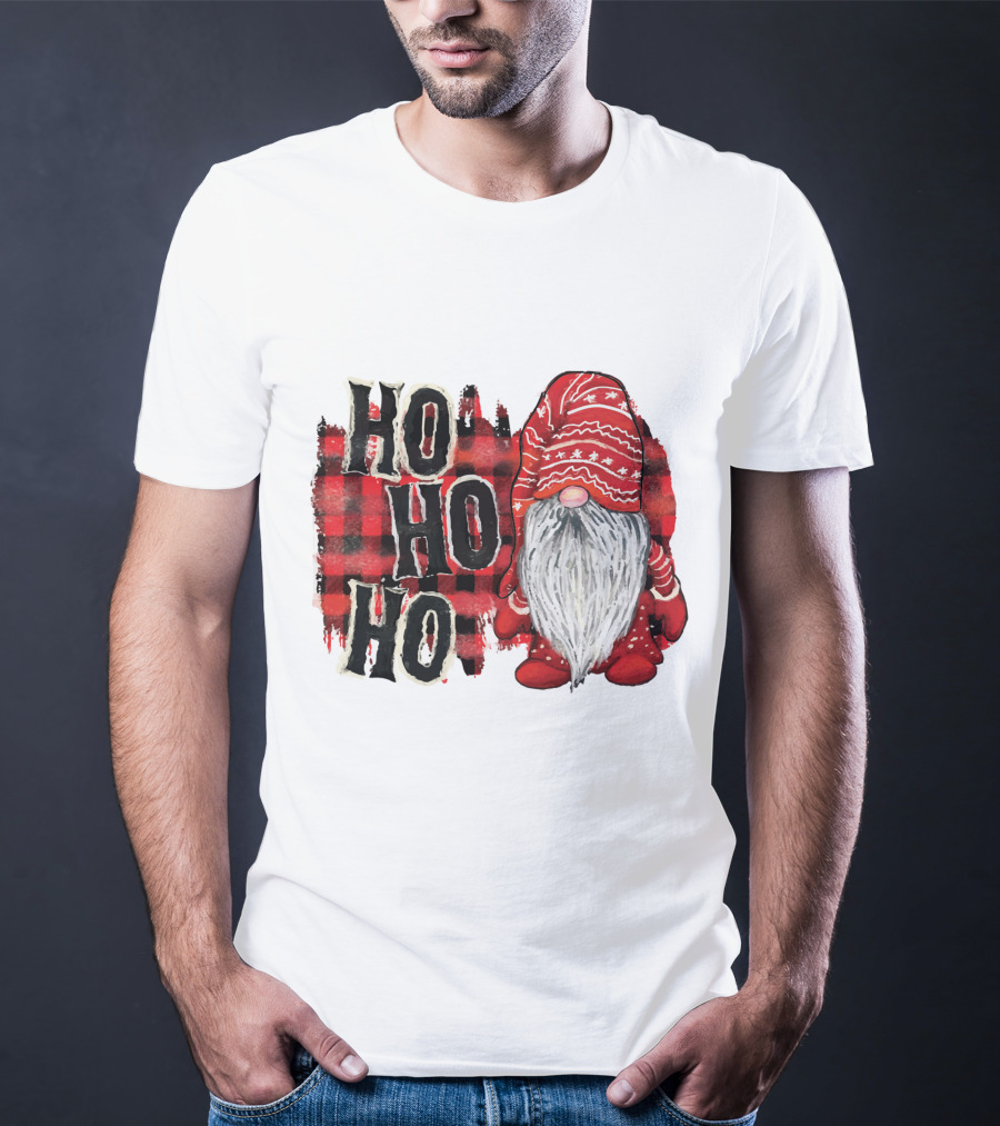 Watercolor Plaid Christmas Gnome Ho Ho Ho Red Holiday T-Shirt