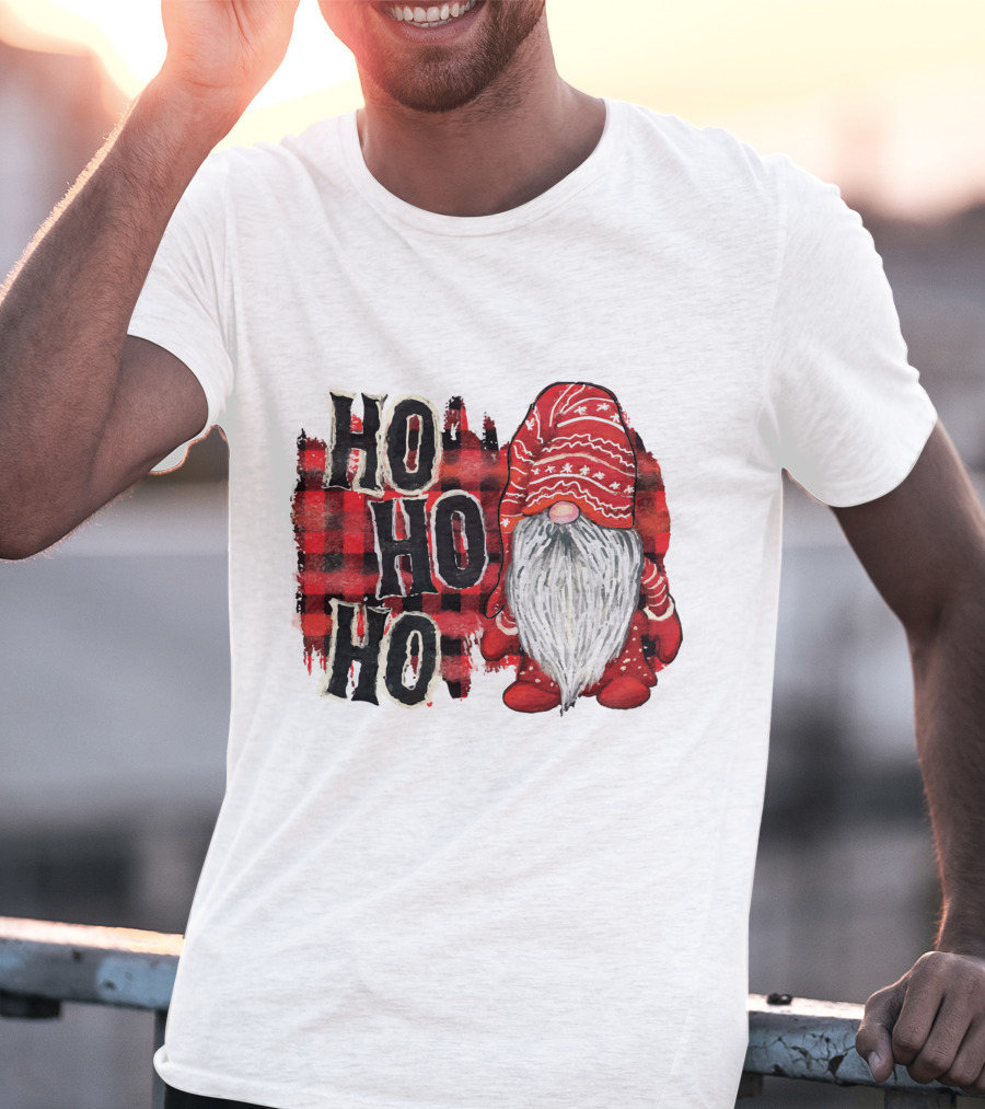 Watercolor Plaid Christmas Gnome Ho Ho Ho Red Holiday T-Shirt