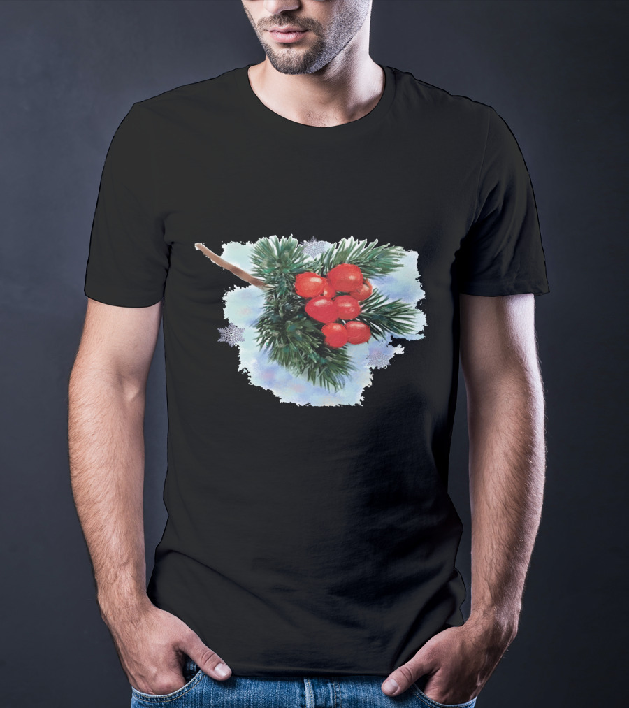 Watercolor Holiday Christmas Holly Berries Branch Pine Needles T-Shirt