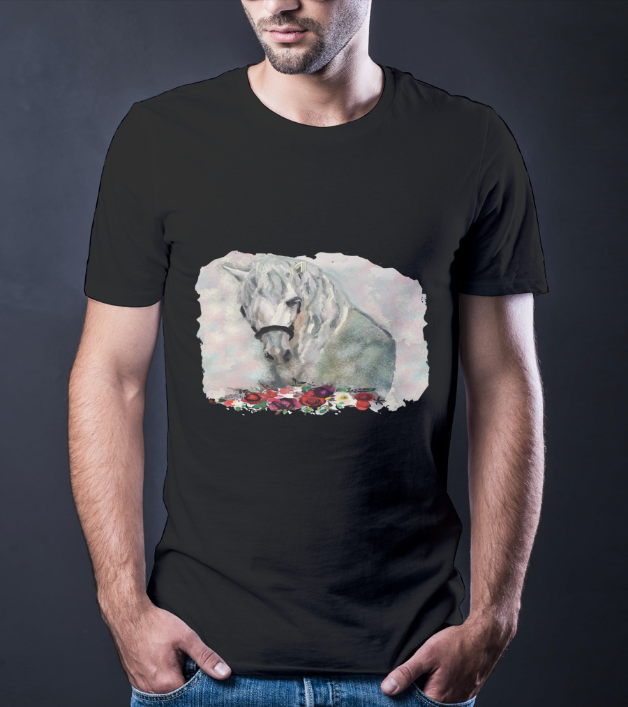 Watercolor White Horse With Floral Accents T-Shirt