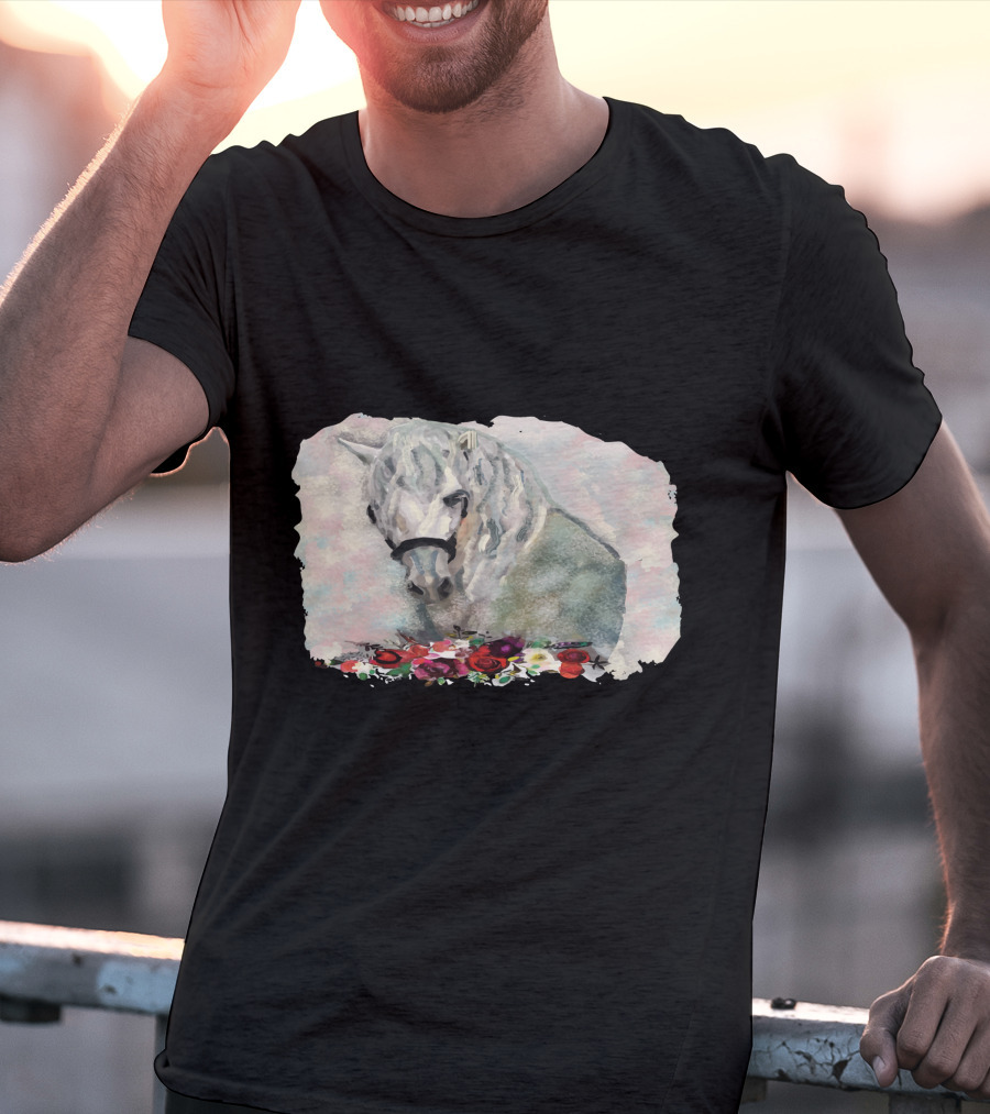 Watercolor White Horse With Floral Accents T-Shirt