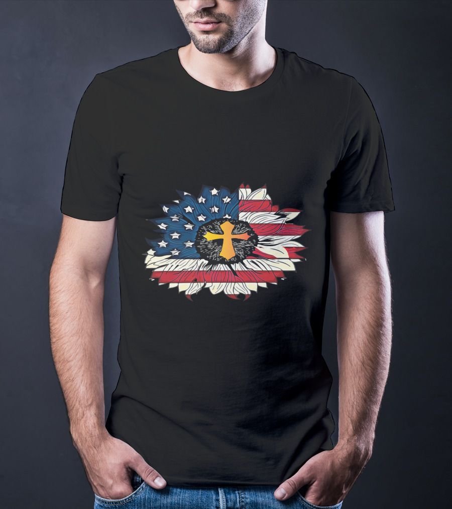 American Flag Cross Floral Design Sunflower Center T-Shirt