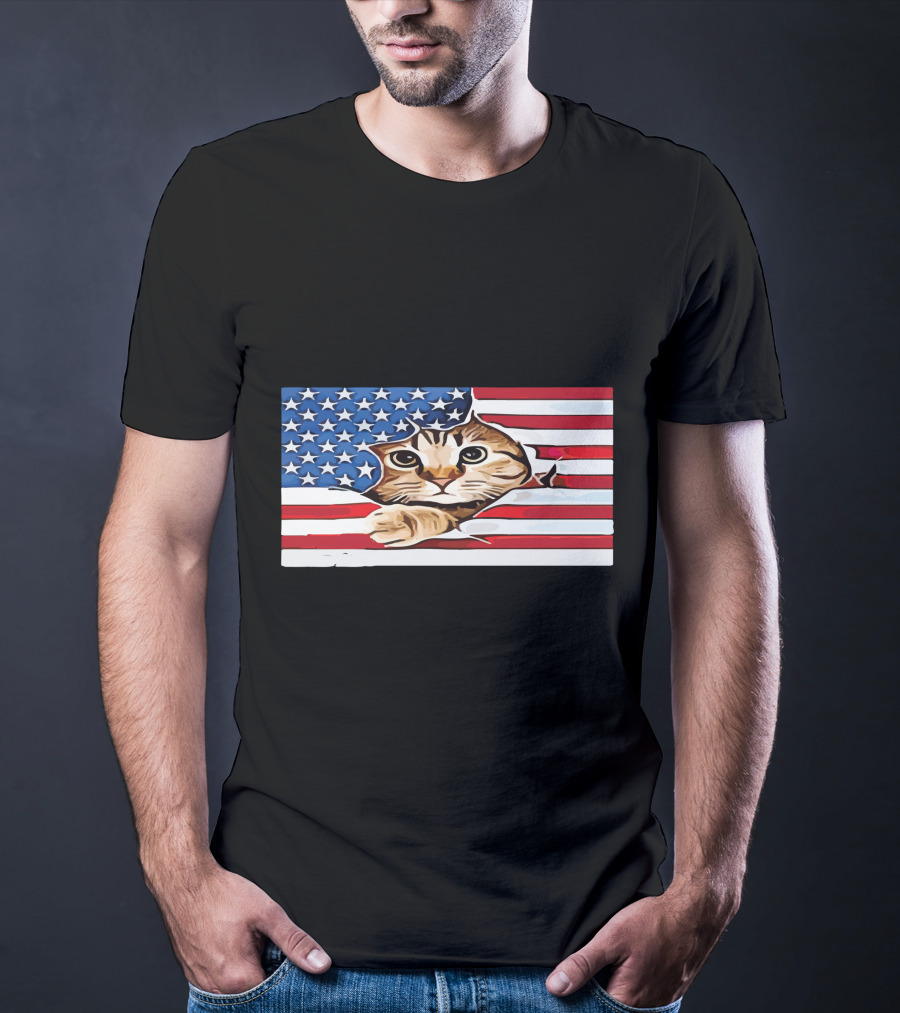 Cat Peeking Through American Flag T-Shirt