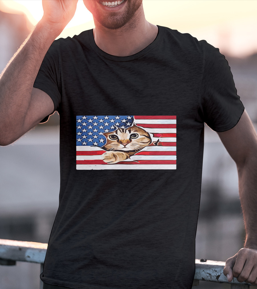 Cat Peeking Through American Flag T-Shirt