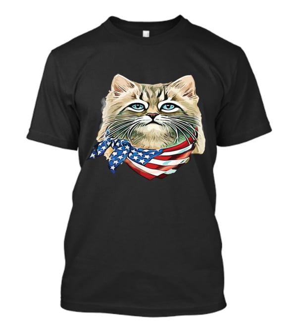 Fluffy Cat Wearing Stars And Stripes Flag Bandana T-Shirt
