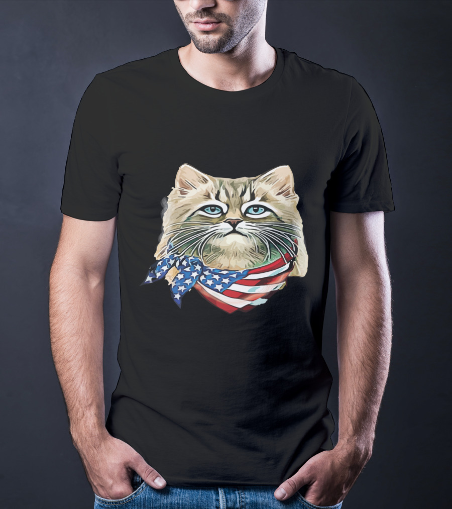 Fluffy Cat Wearing Stars And Stripes Flag Bandana T-Shirt
