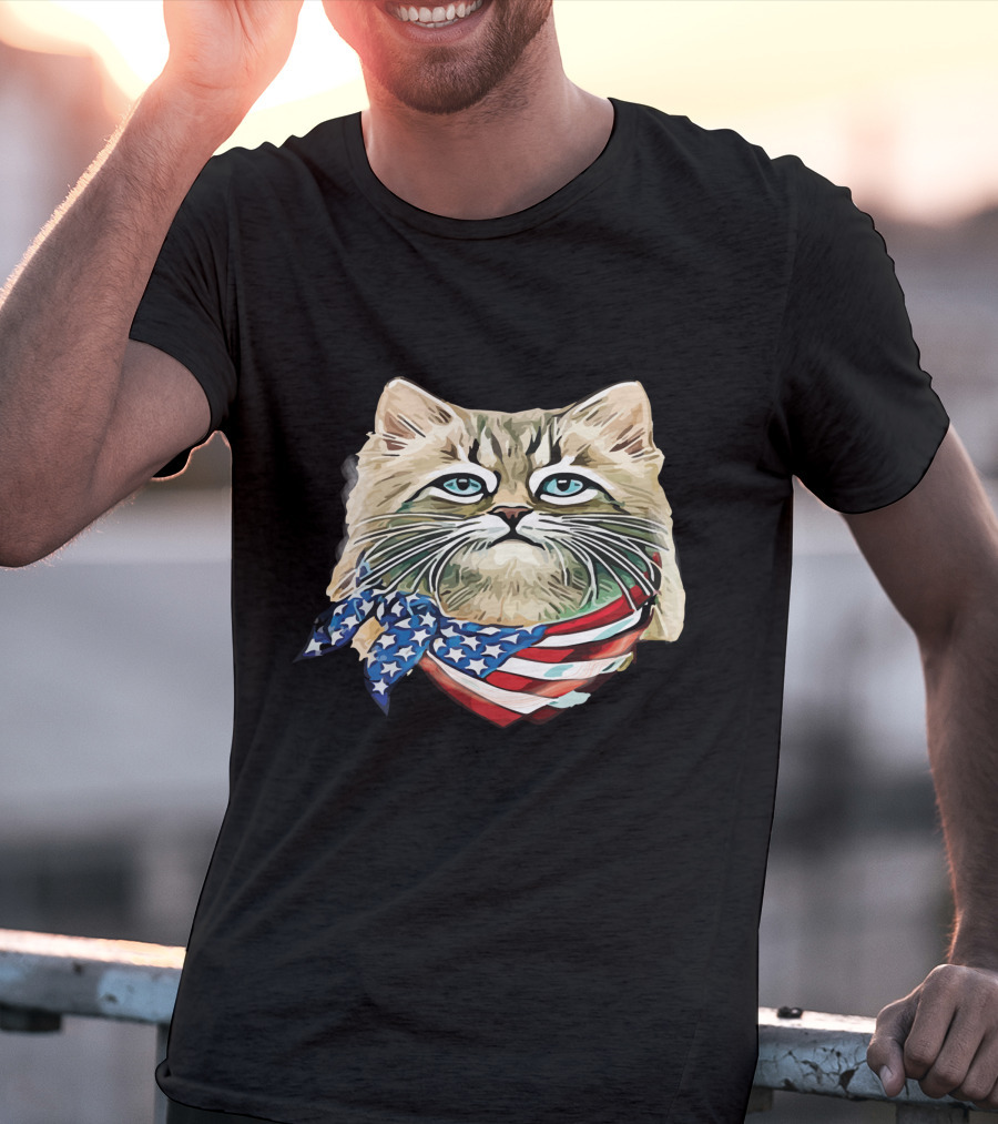 Fluffy Cat Wearing Stars And Stripes Flag Bandana T-Shirt