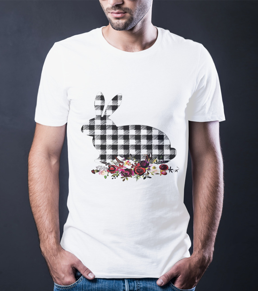 Bunny Black White Plaid Floral Roses T-Shirt
