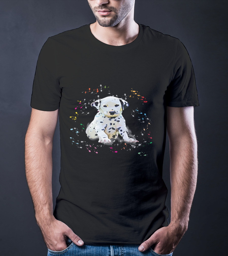 Dalmatian Puppy Surrounded By Splashes Of Colorful Snow T-Shirt