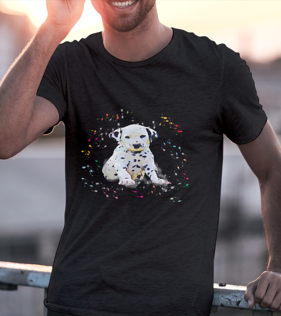 Dalmatian Puppy Surrounded By Splashes Of Colorful Snow T-Shirt