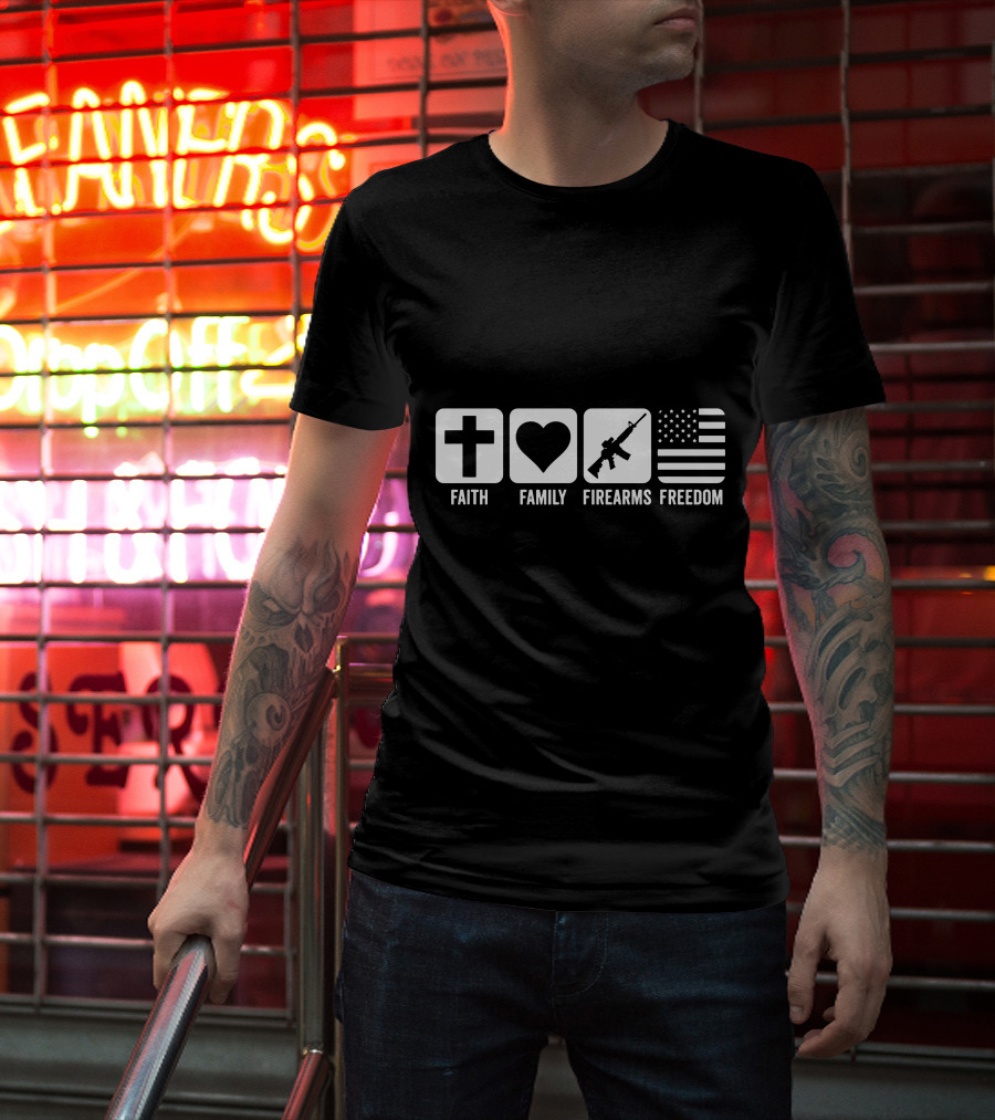 Faith Family Firearms And Freedom Cross Heart Rifle American Flag T-Shirt