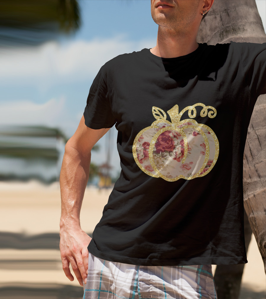 Glitter Floral Pumpkin Gold Trim T-Shirt