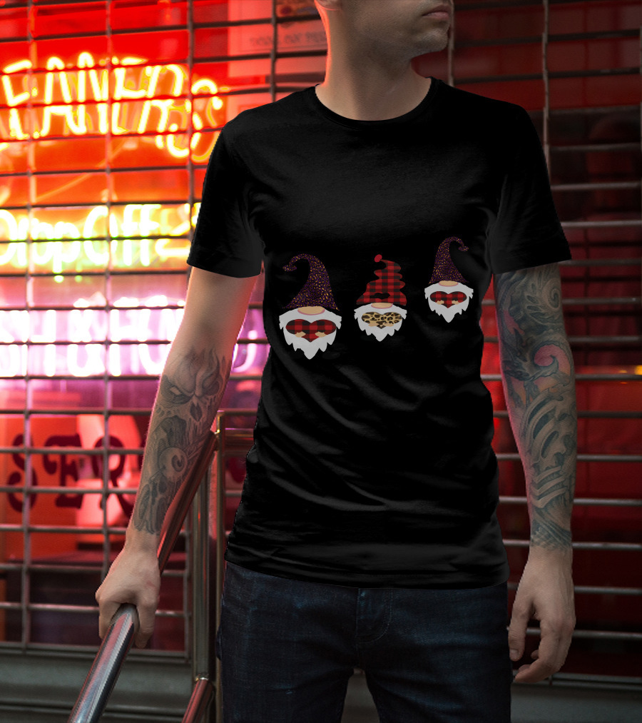 Valentine's Day Love Gnomes With Plaid And Leopard Hearts T-Shirt
