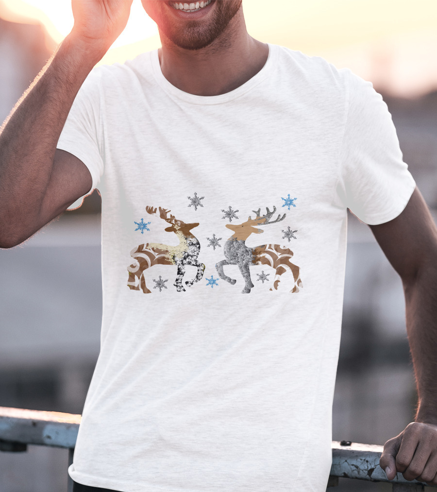 Christmas Reindeer Stone Snowflakes Brown And Silver T-Shirt